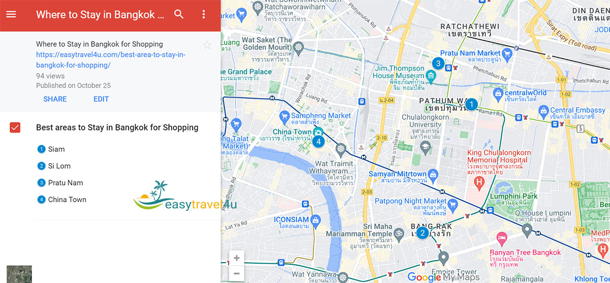 Map of best areas to stay in Bangkok for shopping