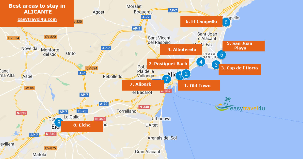 map of Best Areas & Neighborhoods to Stay in Alicante