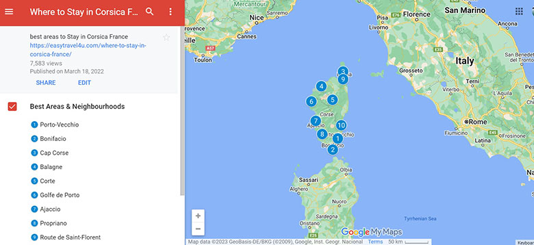 Map of the best areas to stay in Corsica