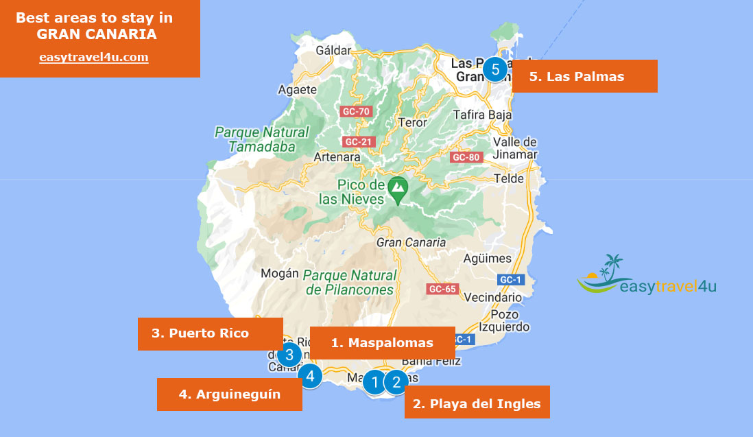 Map of Best Areas and towns to Stay in Gran Canaria