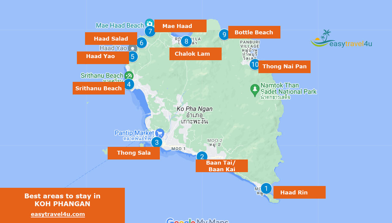 Map of Best Areas in Koh Phangan