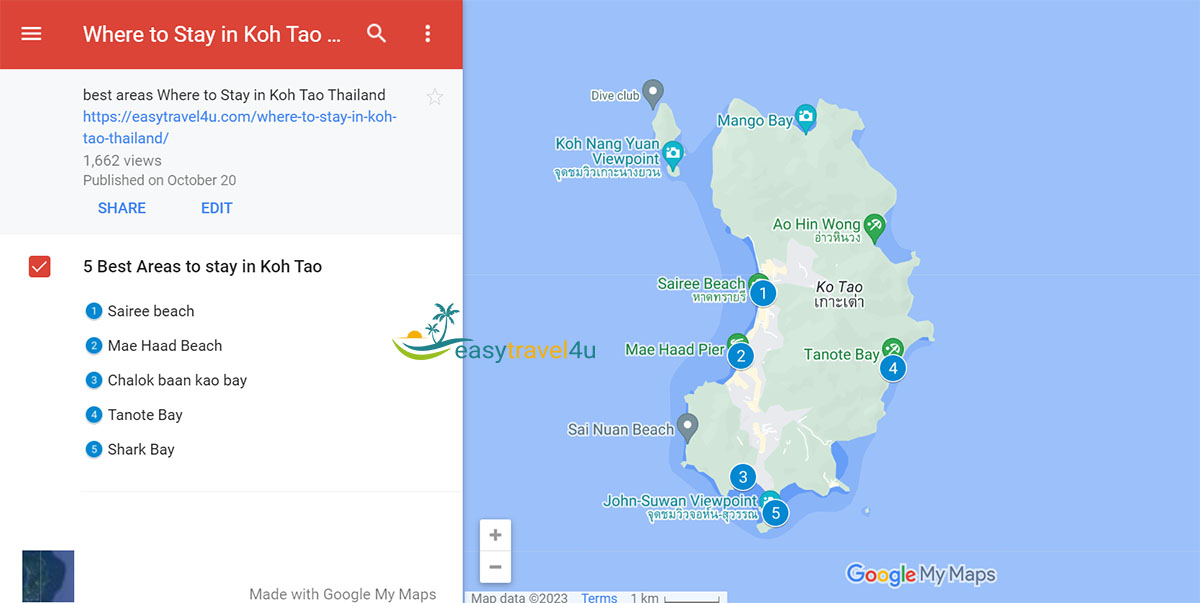 Map of 5 Best Areas to Stay in Koh Tao 