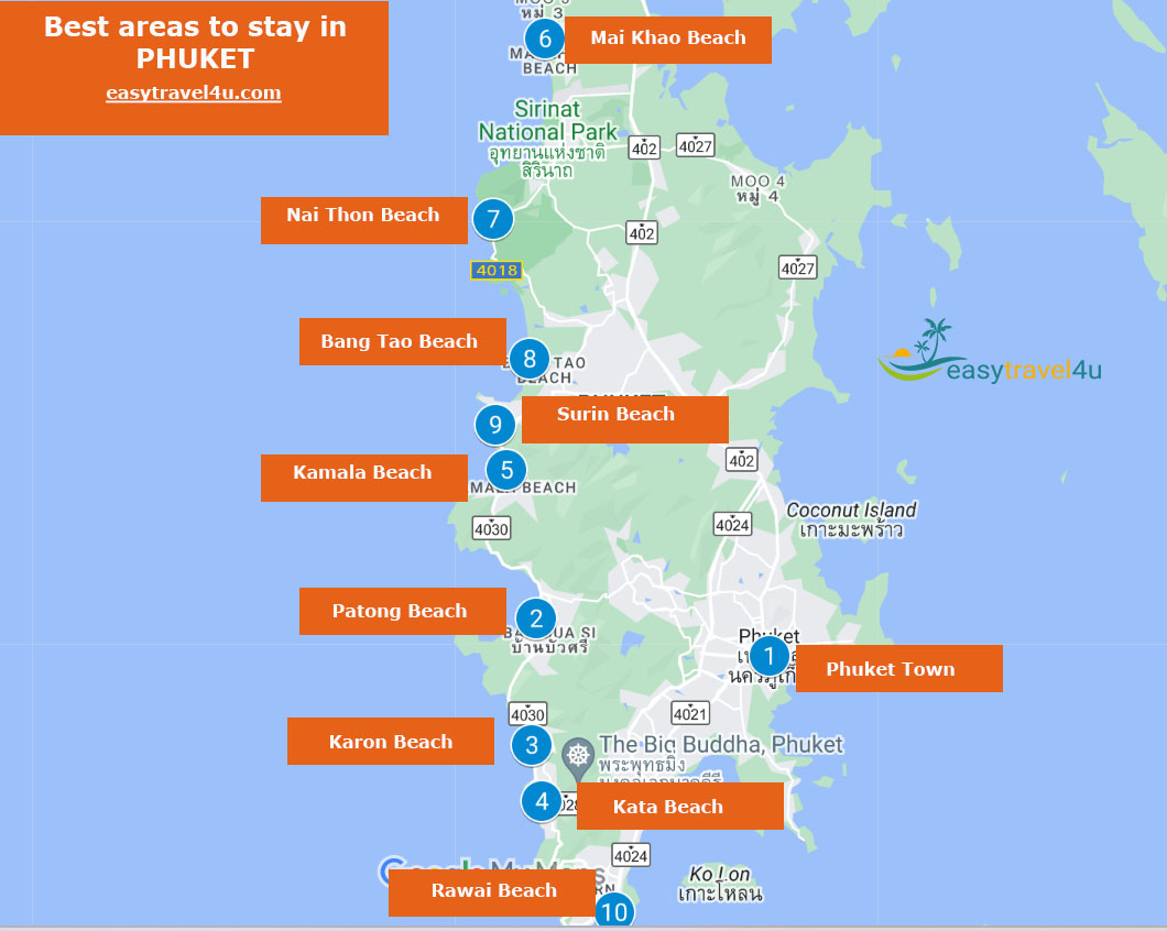 Map of best areas to Stay in Phuket First Time