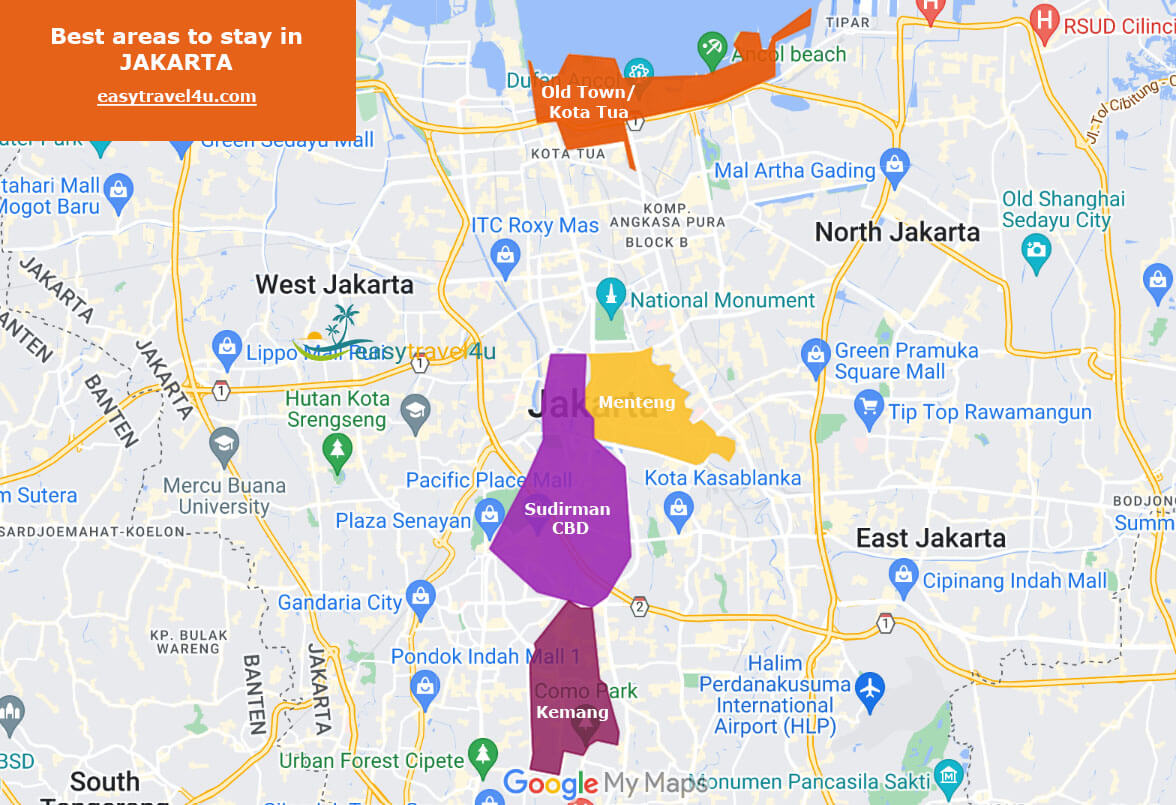 Map of the best areas to stay in Jakarta