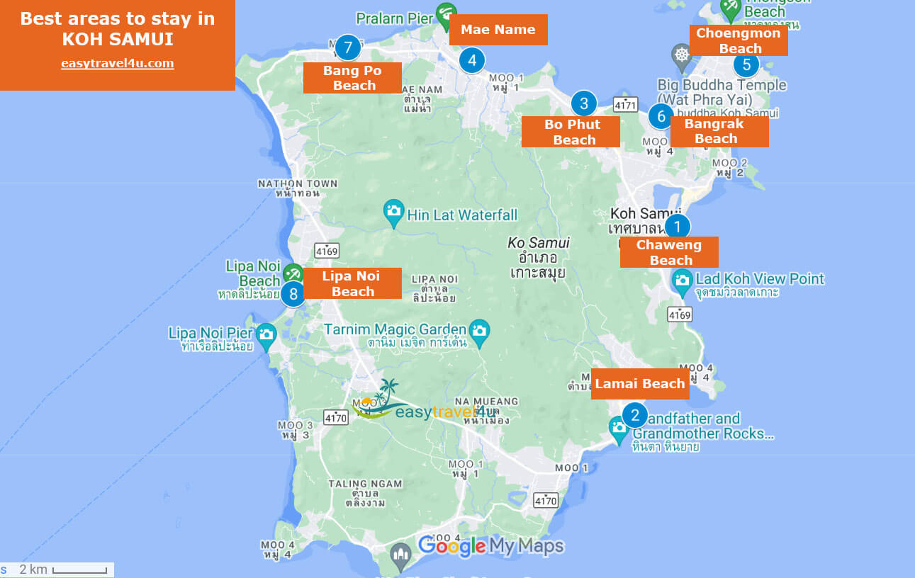 Map of Best Areas to Stay in Koh Samui