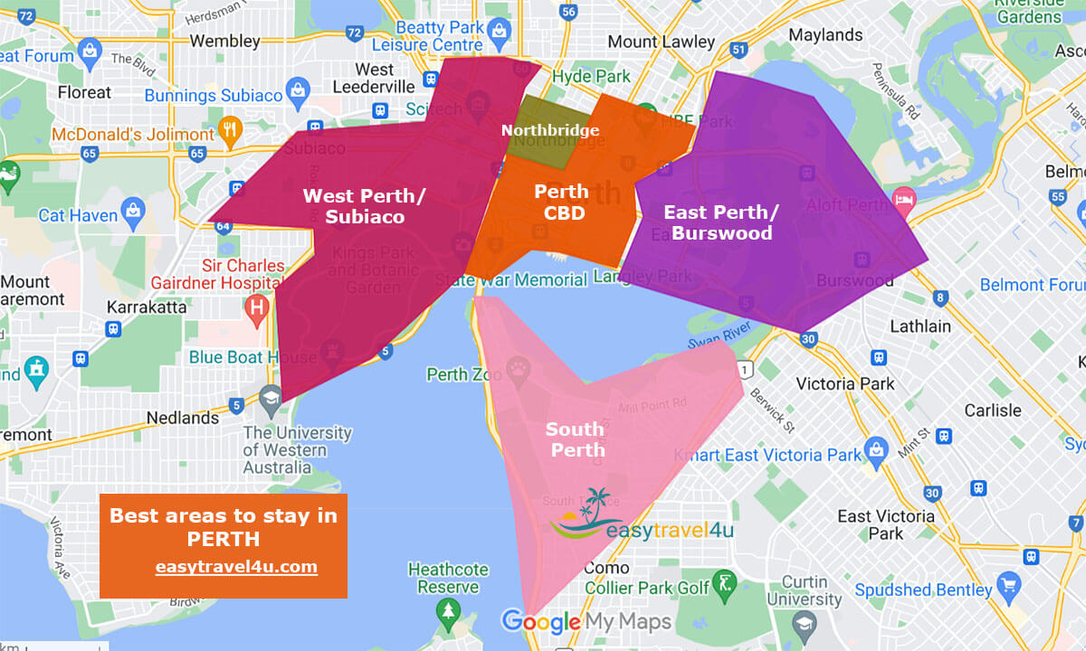 map of Best Areas & neighborhoods to stay in Perth 