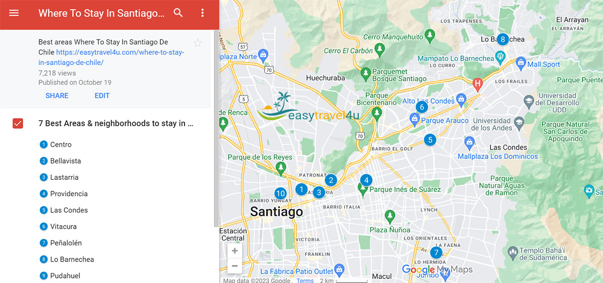 Map of Best Areas to Stay in Santiago Chile 