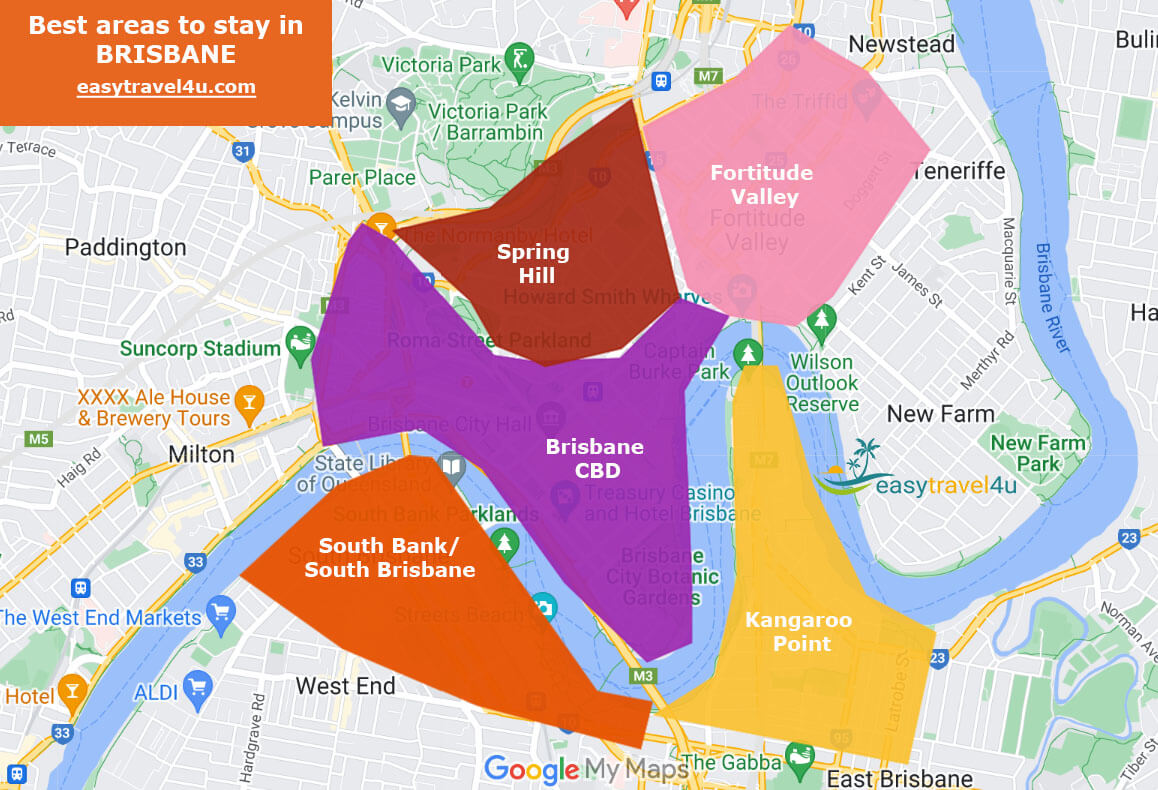 Map of Best Areas & Neighborhoods to Stay in Brisbane 