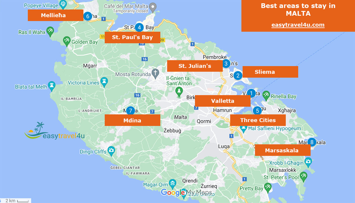 Map of the best areas to stay in Malta
