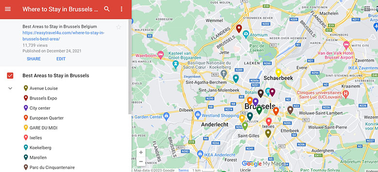 Map of Best areas to stay in Brussels for tourists 