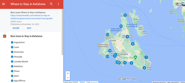 Map of the best areas to stay in Kefalonia