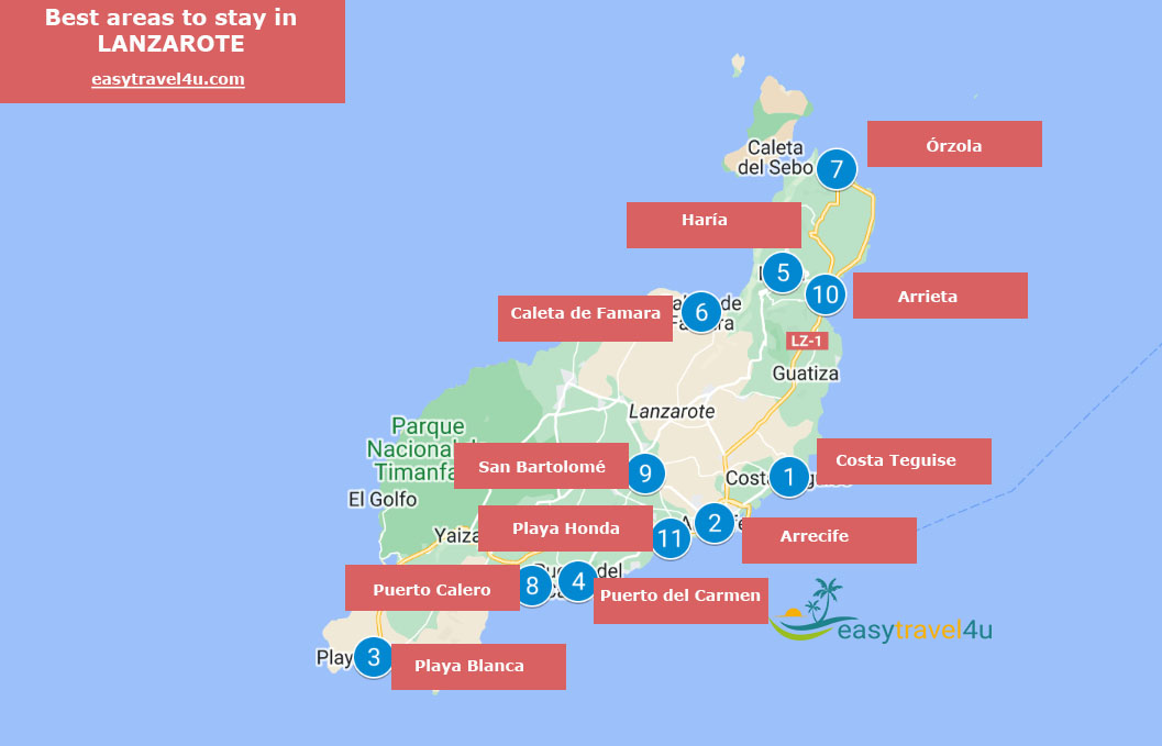 Map of Best areas to stay in LANZAROTE 