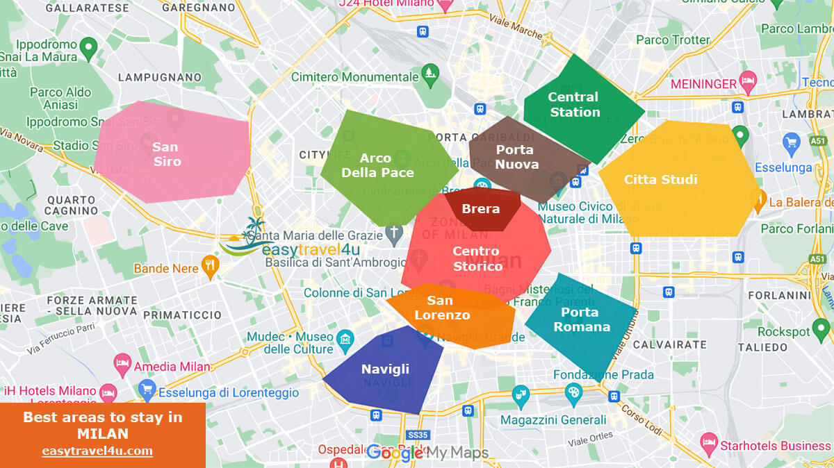 Map of Best Areas & neighborhood  to Stay in Milan 