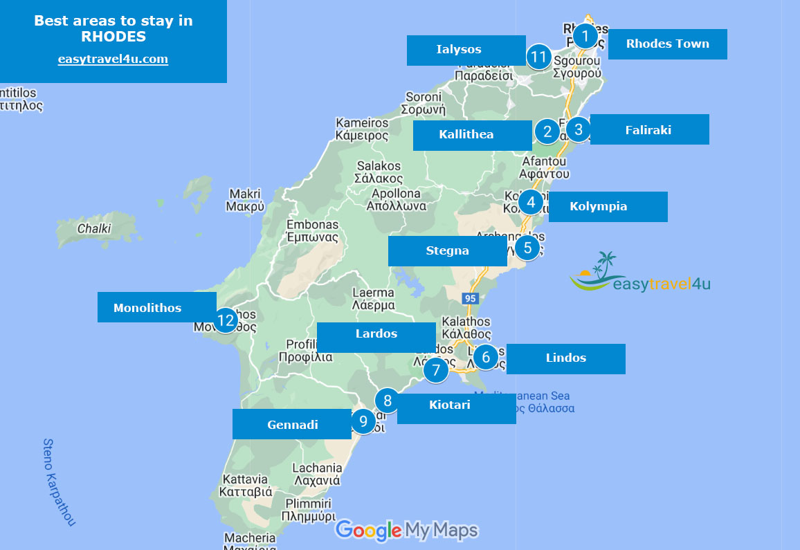 Map of Best Areas & Towns to Stay in Rhodes