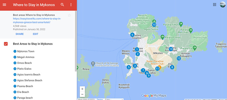 Map of Best areas to stay in Mykonos