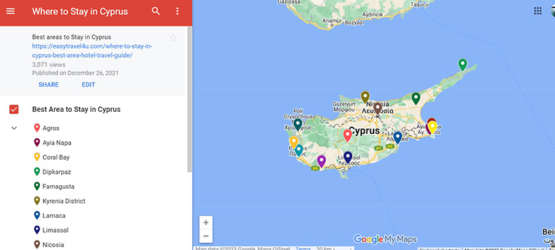Map best areas to stay in Cyprus first time