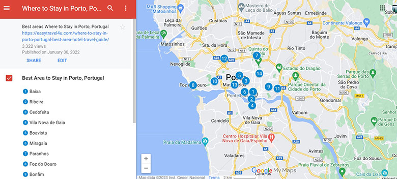 Map best areas to stay in Porto