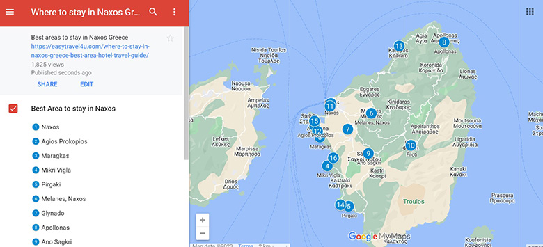 map of the best areas to stay in Naxos