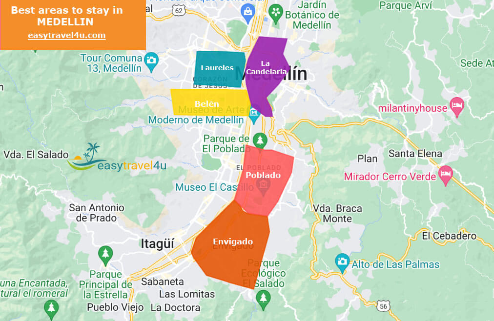 Map of best areas to stay in MEDELLIN