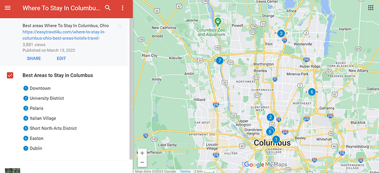Map of the best areas to stay in Columbus