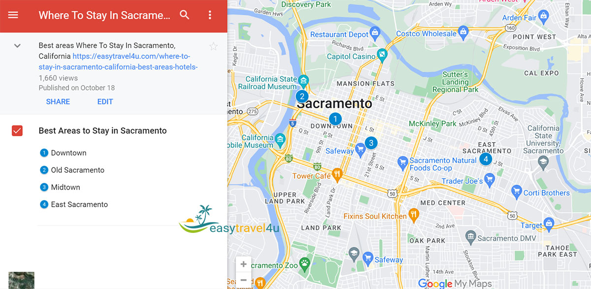 map of Best Areas to Stay in Sacramento, California 