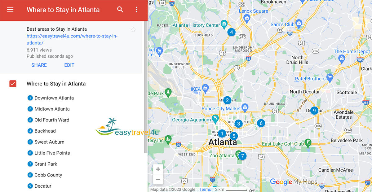 Map of Best areas to stay in Atlanta for tourists