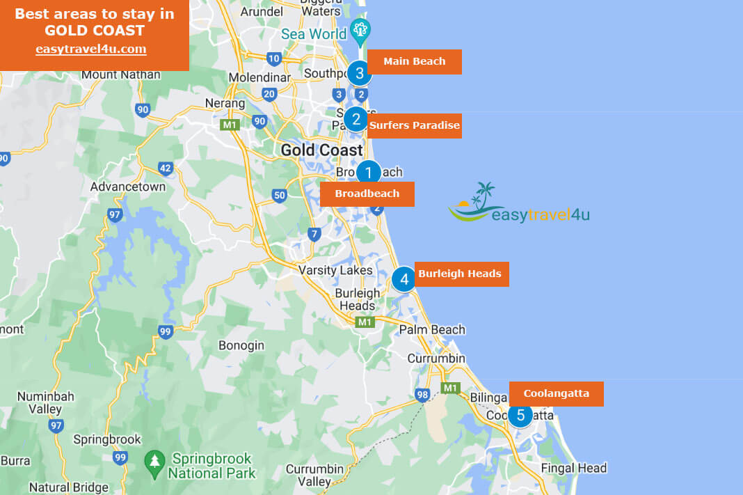 Map of Best Areas & Neighborhoods to Stay in Gold Coast 
