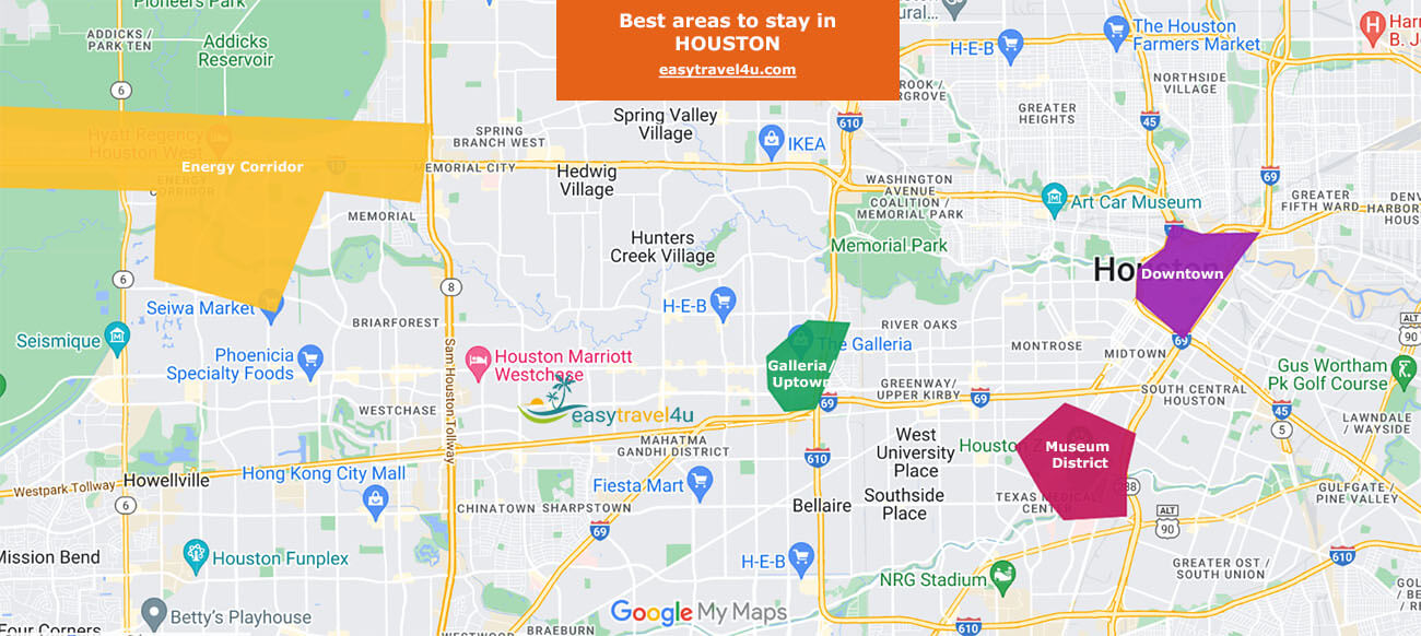 Map of Best Areas where to Stay in Houston