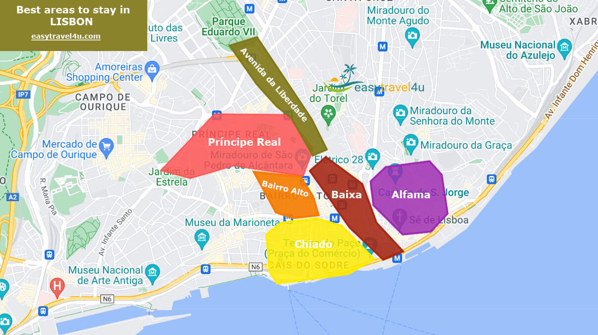 Map of the most popular areas to stay in Lisbon for tourists