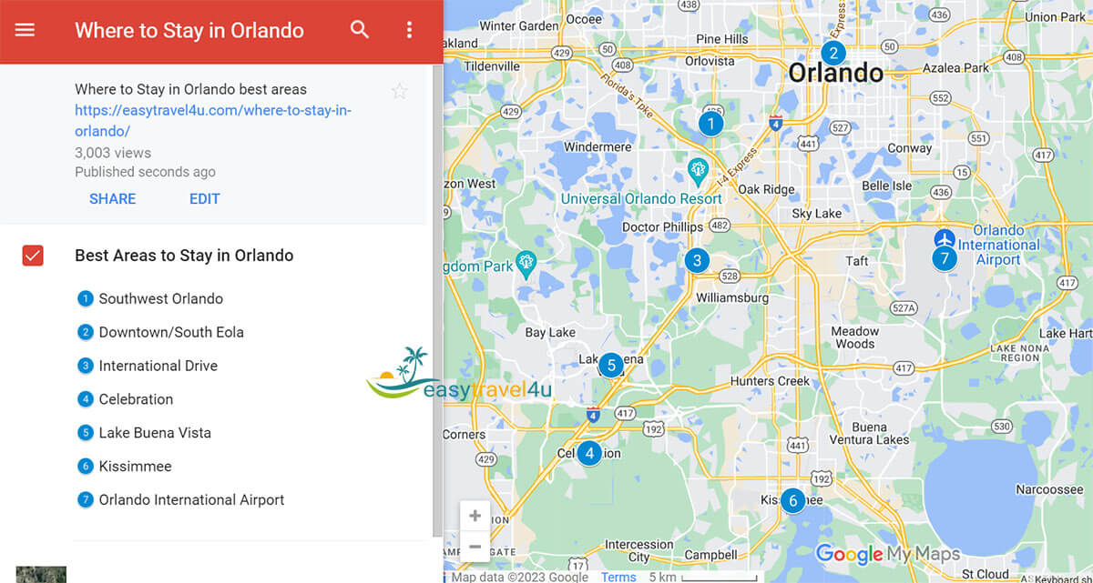 Map of Best areas to stay in Orlando for tourist