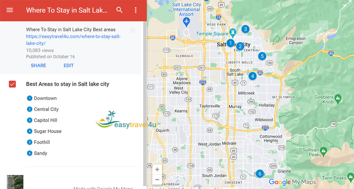 Map of Best areas to stay in Salt Lake City for tourists