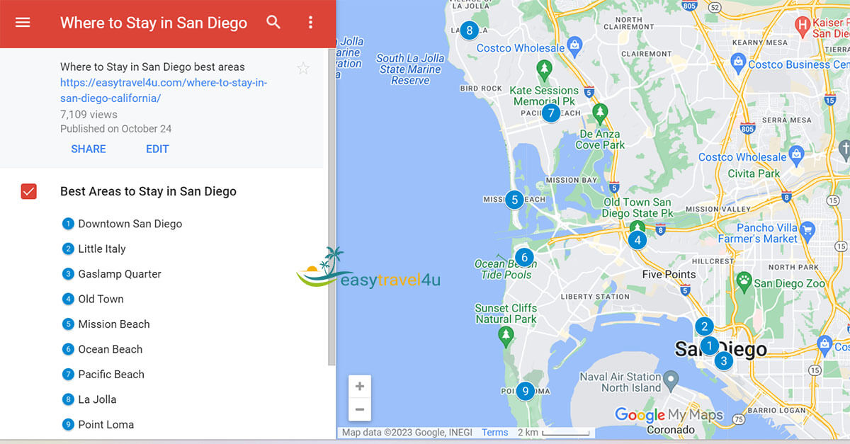 Map of Best Areas to Stay in San Diego First Time 