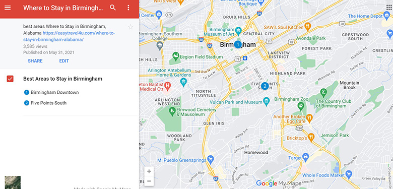 Map of Best areas to stay in Birmingham AL for tourists
