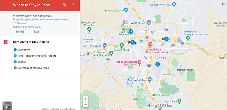 Map of best areas Where to Stay in Reno, Nevada