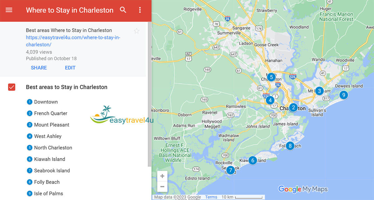 Map of Best areas to stay in Charleston for tourists