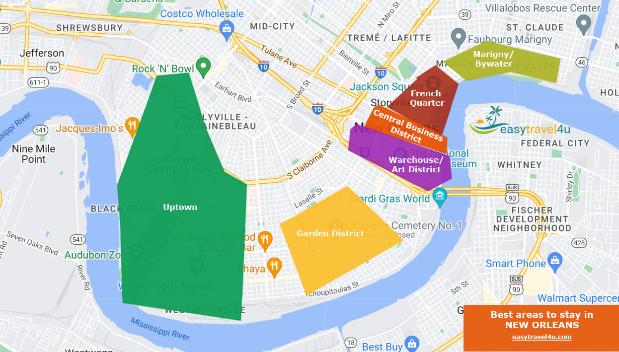 Map of Best Areas Where to Stay in New Orleans