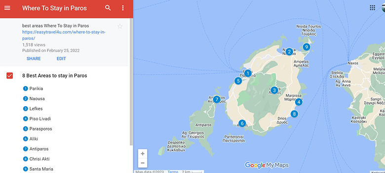 Map of best areas to stay in Paros 