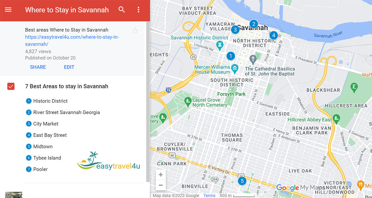 Map of Best Areas to Stay in Savannah 