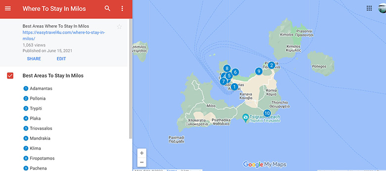 Map of best areas to stay in Milos