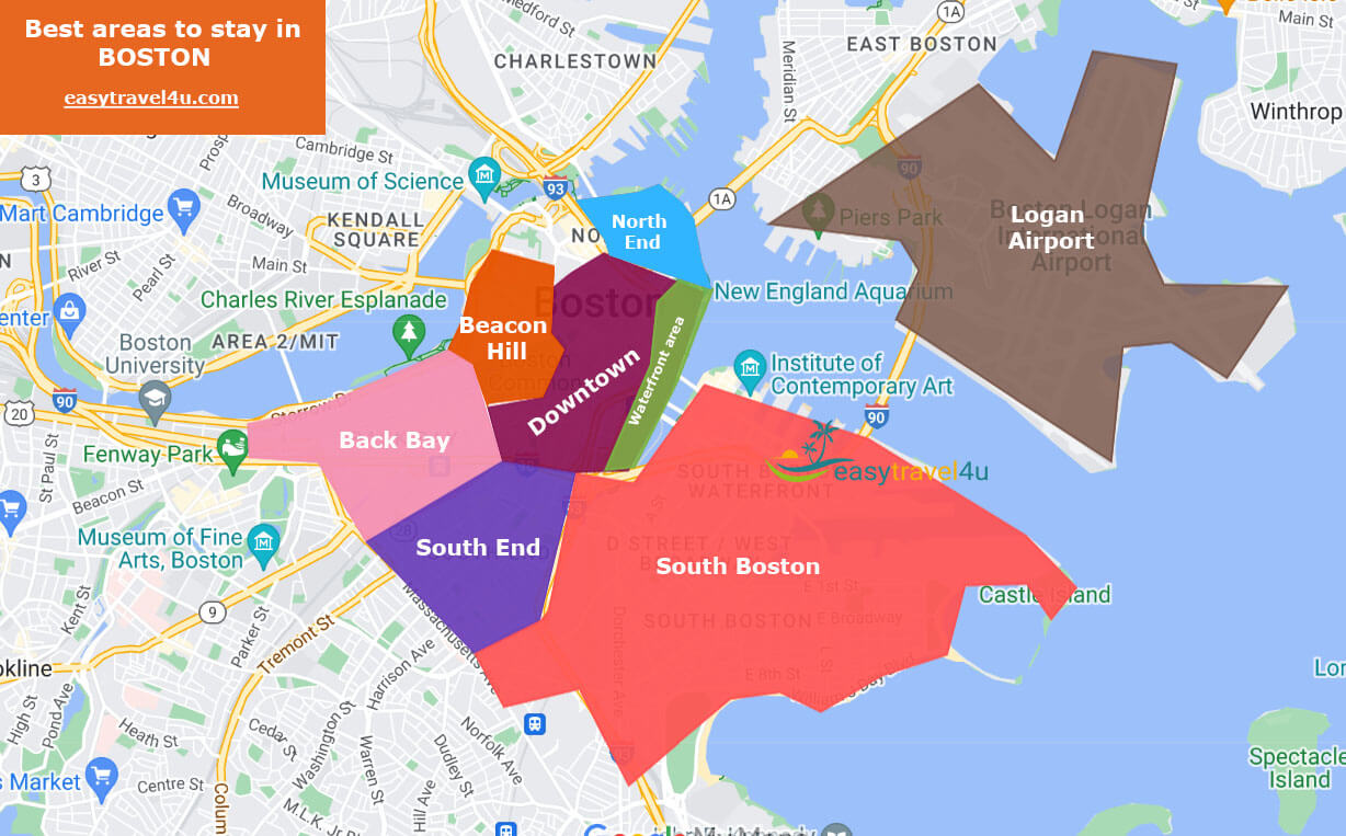 Map of Best areas to stay in Boston for tourists