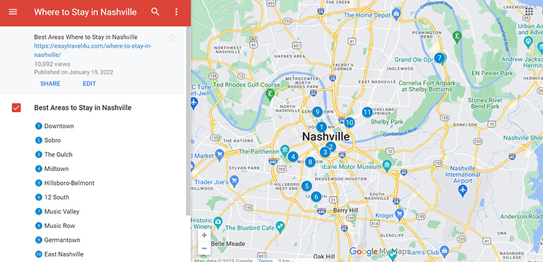 Where to Stay in Nashville map of Best Areas