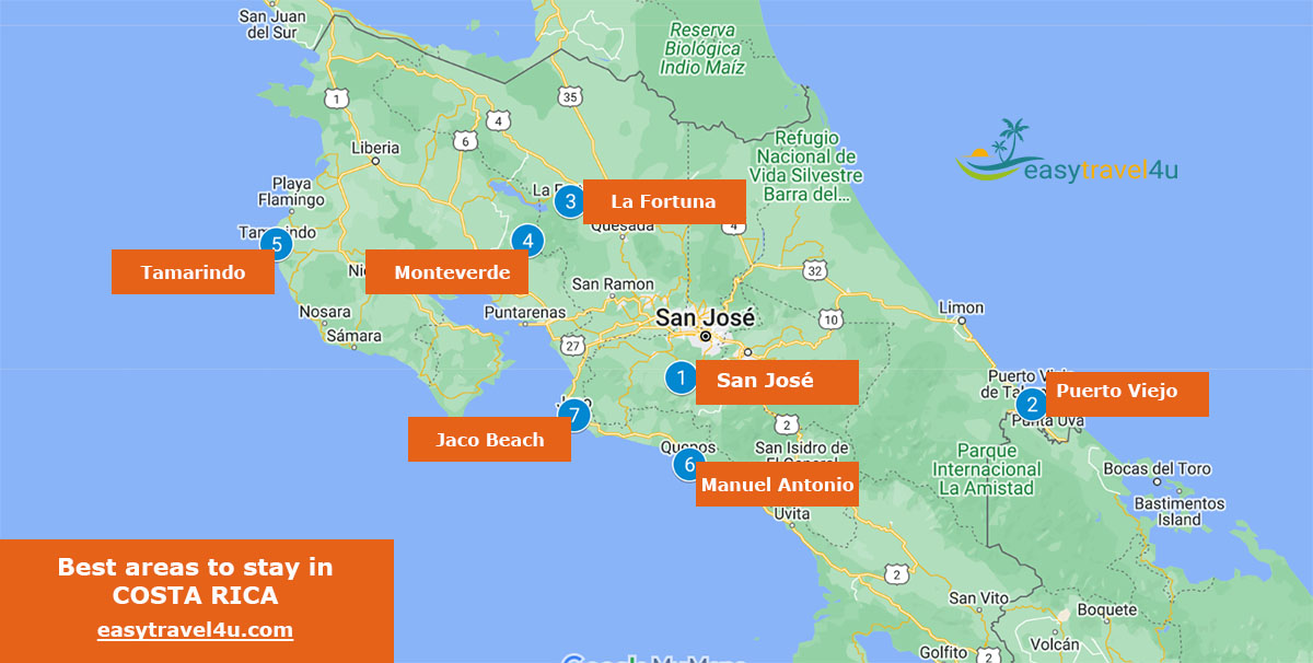 Map of Best Areas to stay in Costa Rica
