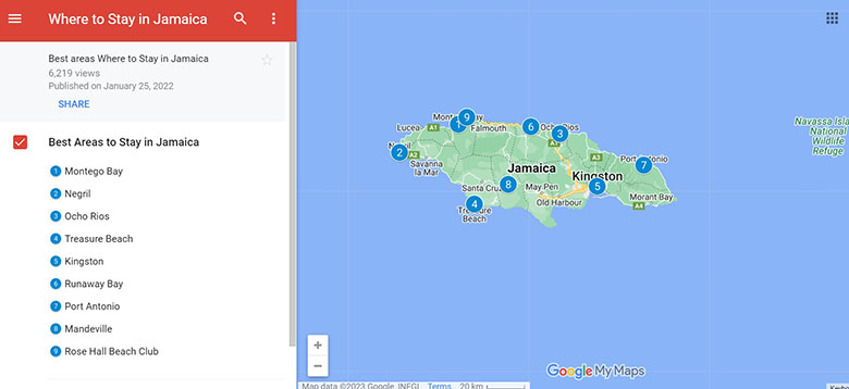 Map of the best areas to stay in Jamaica