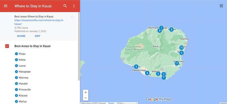 Map of best areas to stay in Kauai first time