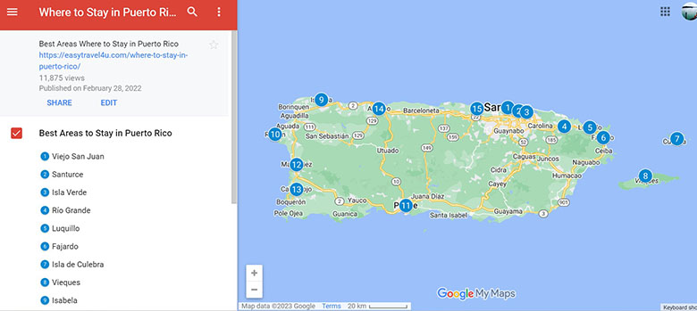 Map of the best areas to stay in Puerto Rico