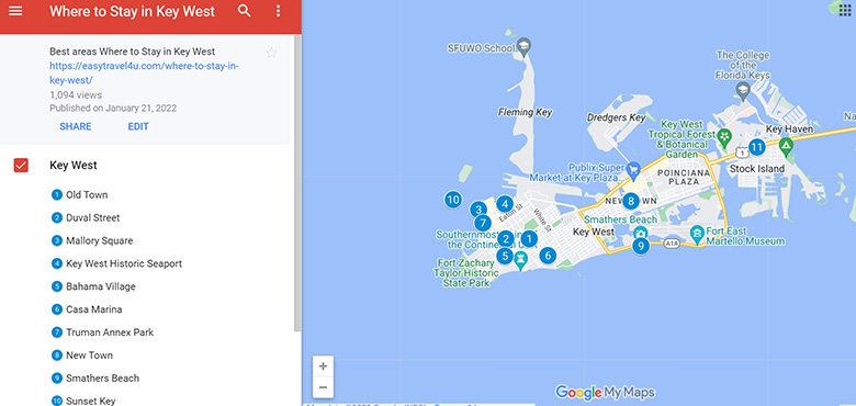 Map of Best areas to stay in Key West for tourists