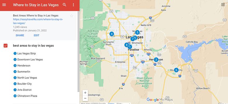 Map of the best areas to stay in Las Vegas first time