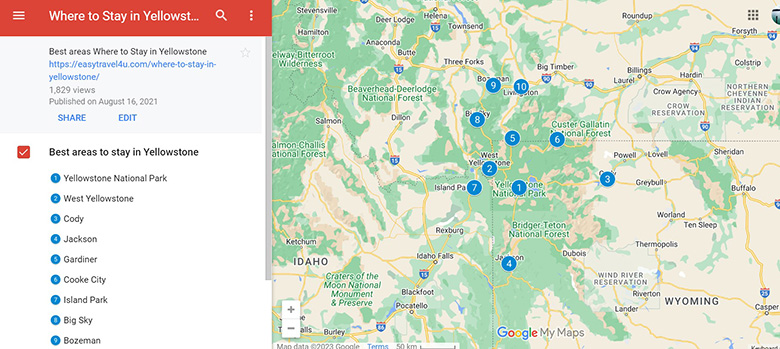 Map of Best areas to stay in Yellowstone 