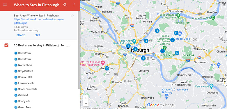 Map of 10 Best areas to stay in Pittsburgh for tourists