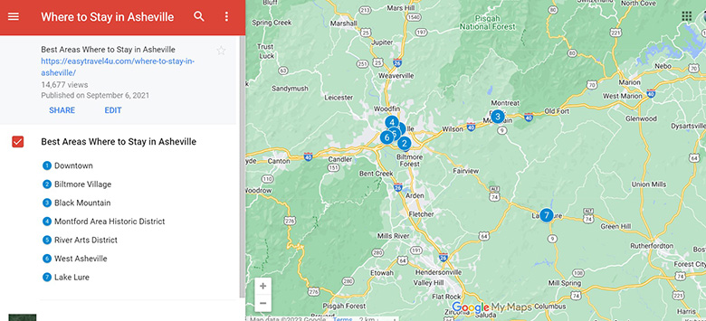 Map of the best areas to stay in Asheville